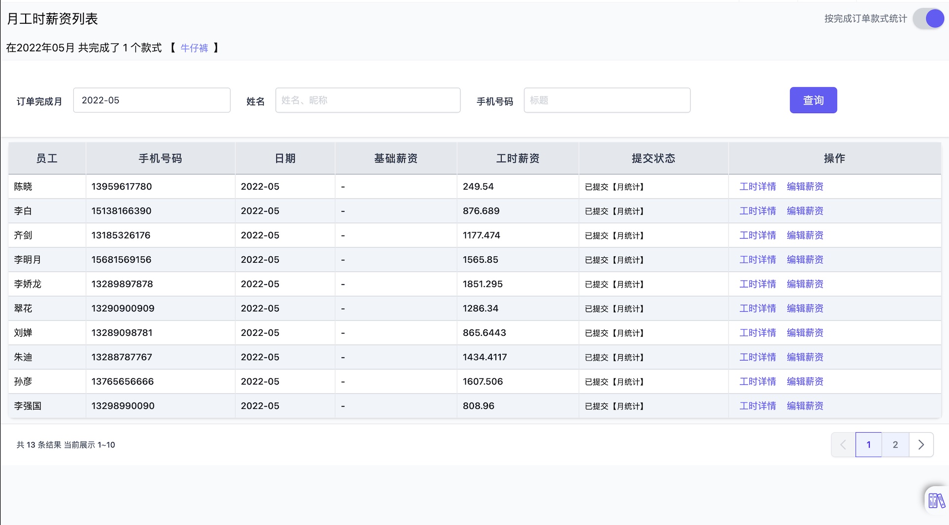 帮商管理系统-计件工资管理-月工时薪资列表